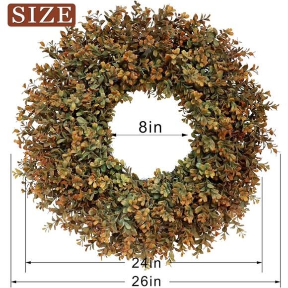 26'' Large Fall Wreath for Front Door, Porch, Window- Artificial Boxwood Leaves - Picture 3 of 7